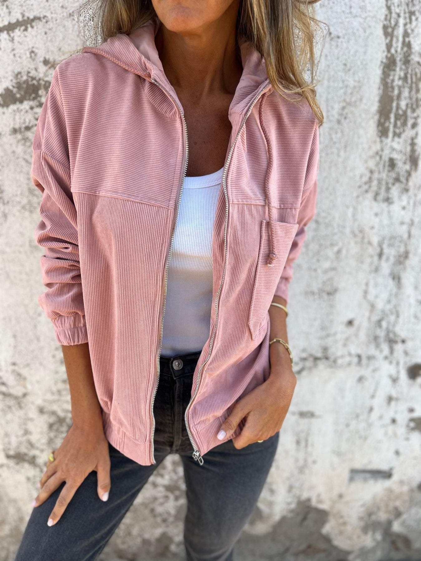 Cord Übergangsjacke Damen Mit Kapuze Und Zipper | Leicht