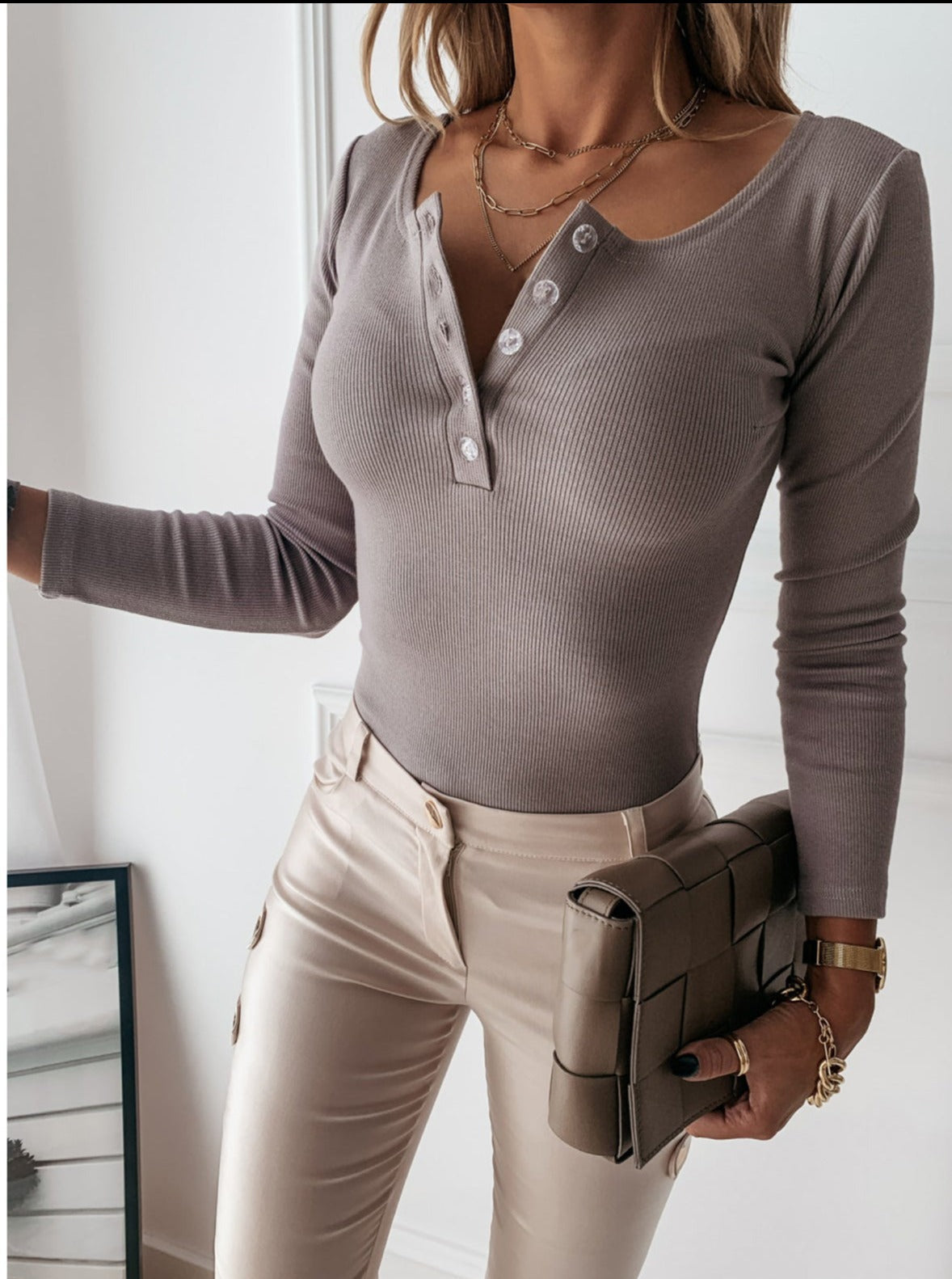 Damen Langarmshirt Knopfleiste | Slim Fit