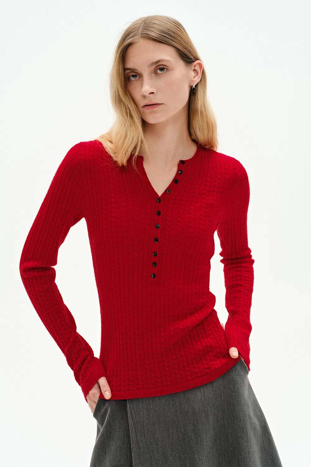 Damen Langarmshirt Mit Knopfleiste Und V-Ausschnitt | Elegant
