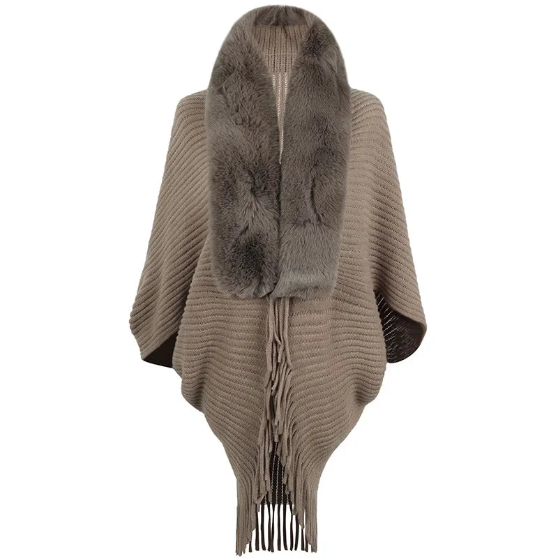 Damen Poncho Mit Fransen Und Streifenstruktur | Winter