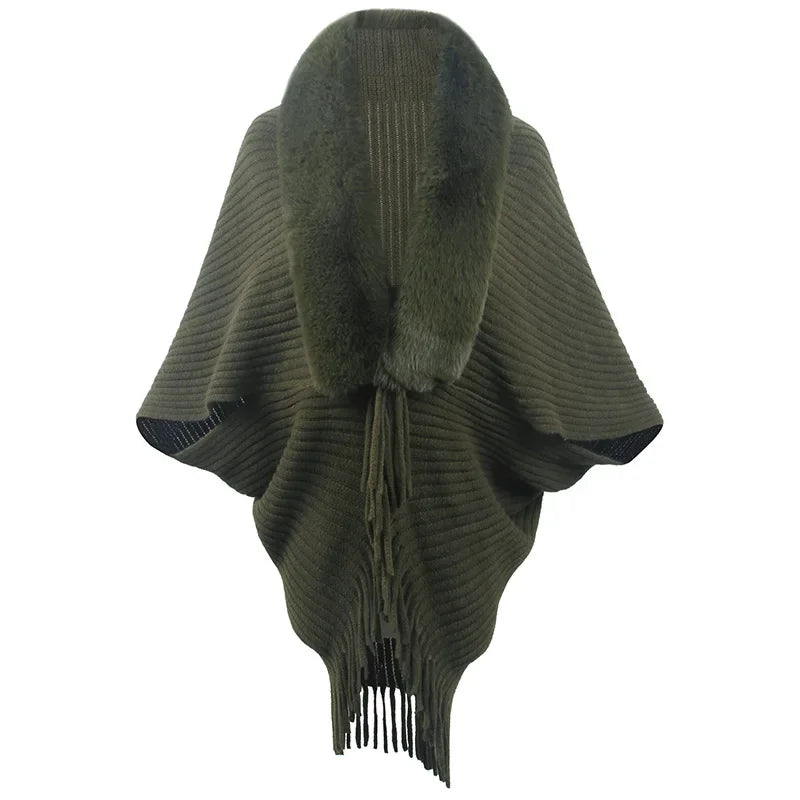 Damen Poncho Mit Fransen Und Streifenstruktur | Winter