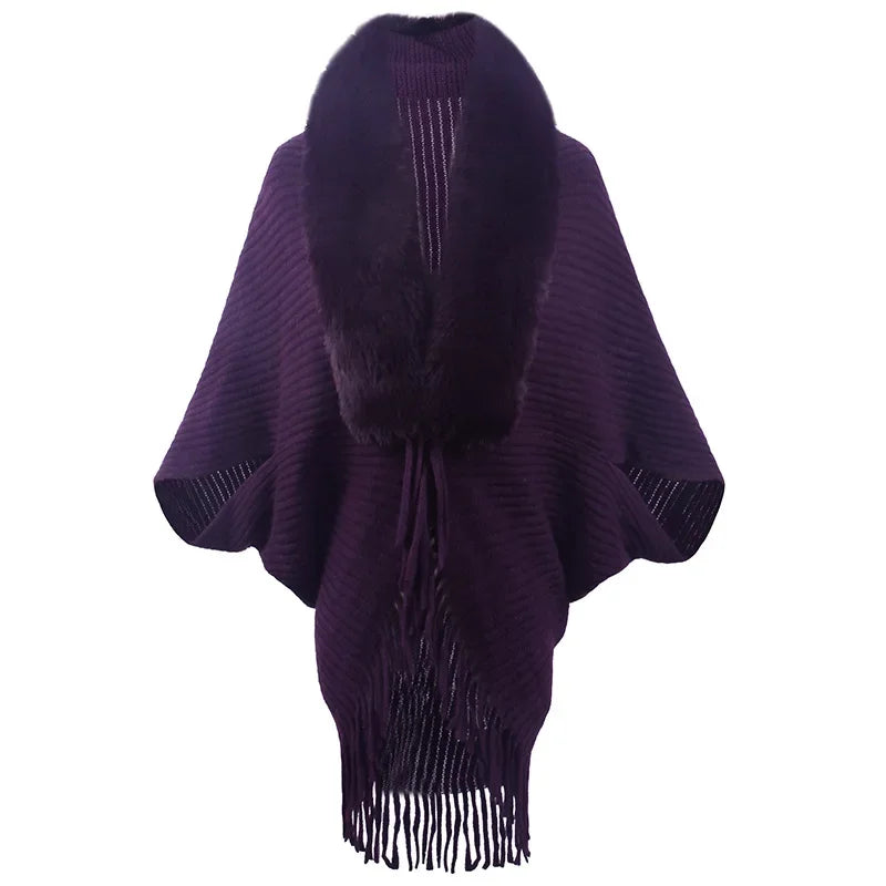 Damen Poncho Mit Fransen Und Streifenstruktur | Winter