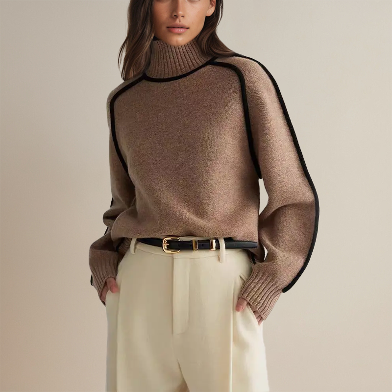 Damen Rollkragen Strickpullover Mit Kontrastnähten | Warm