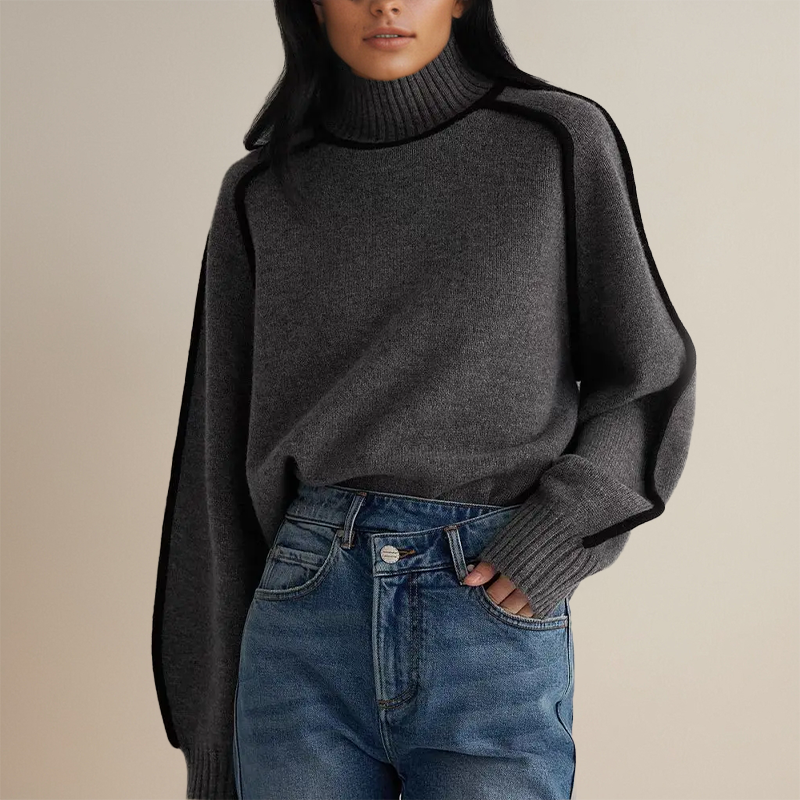 Damen Rollkragen Strickpullover Mit Kontrastnähten | Warm