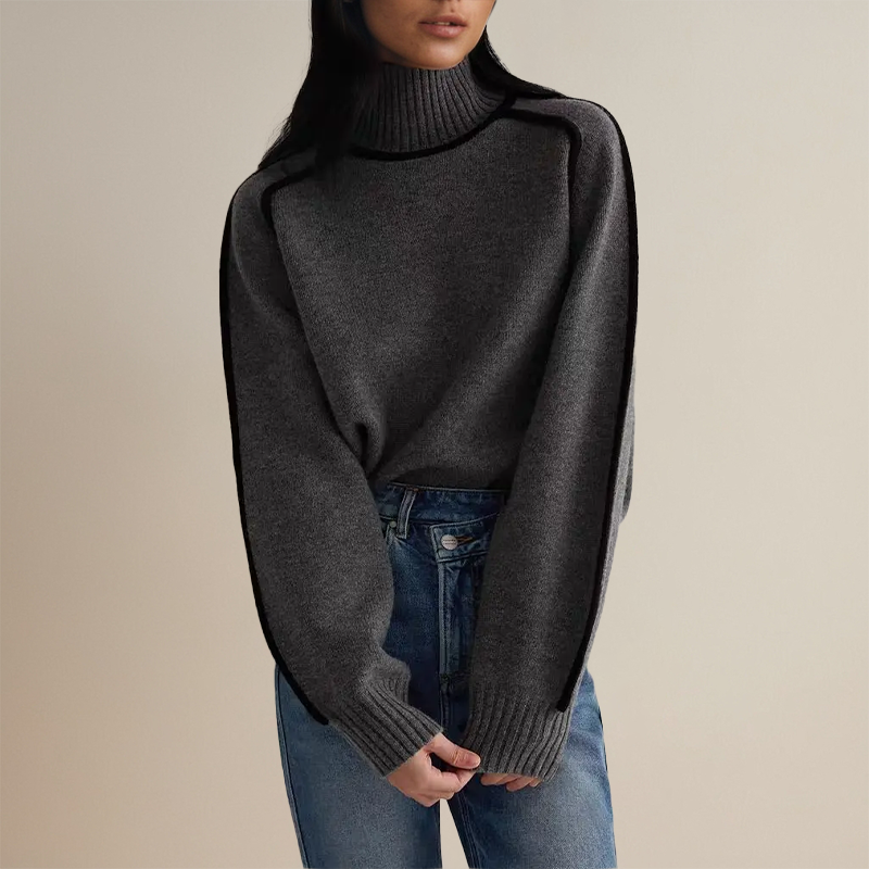 Damen Rollkragen Strickpullover Mit Kontrastnähten | Warm