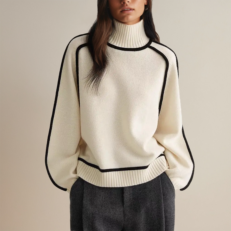 Damen Rollkragen Strickpullover Mit Kontrastnähten | Warm