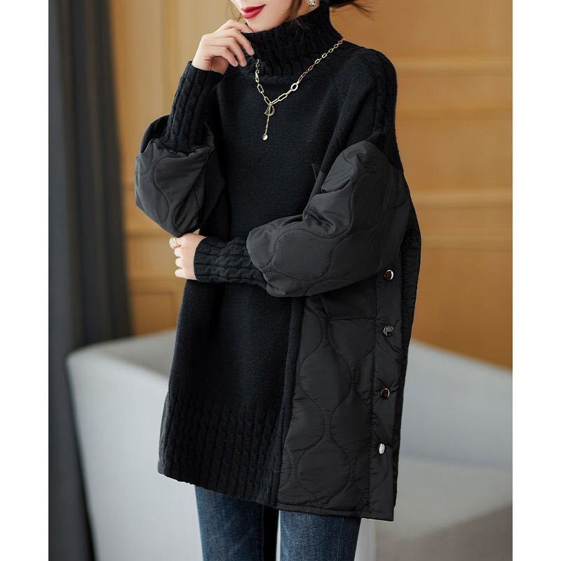 Damen Rollkragen Strickpullover Mit Steppärmeln & Knöpfen | Warm