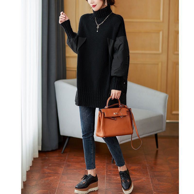Damen Rollkragen Strickpullover Mit Steppärmeln & Knöpfen | Warm