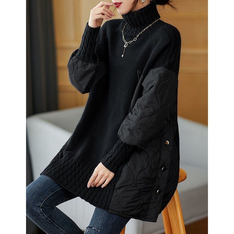 Damen Rollkragen Strickpullover Mit Steppärmeln & Knöpfen | Warm