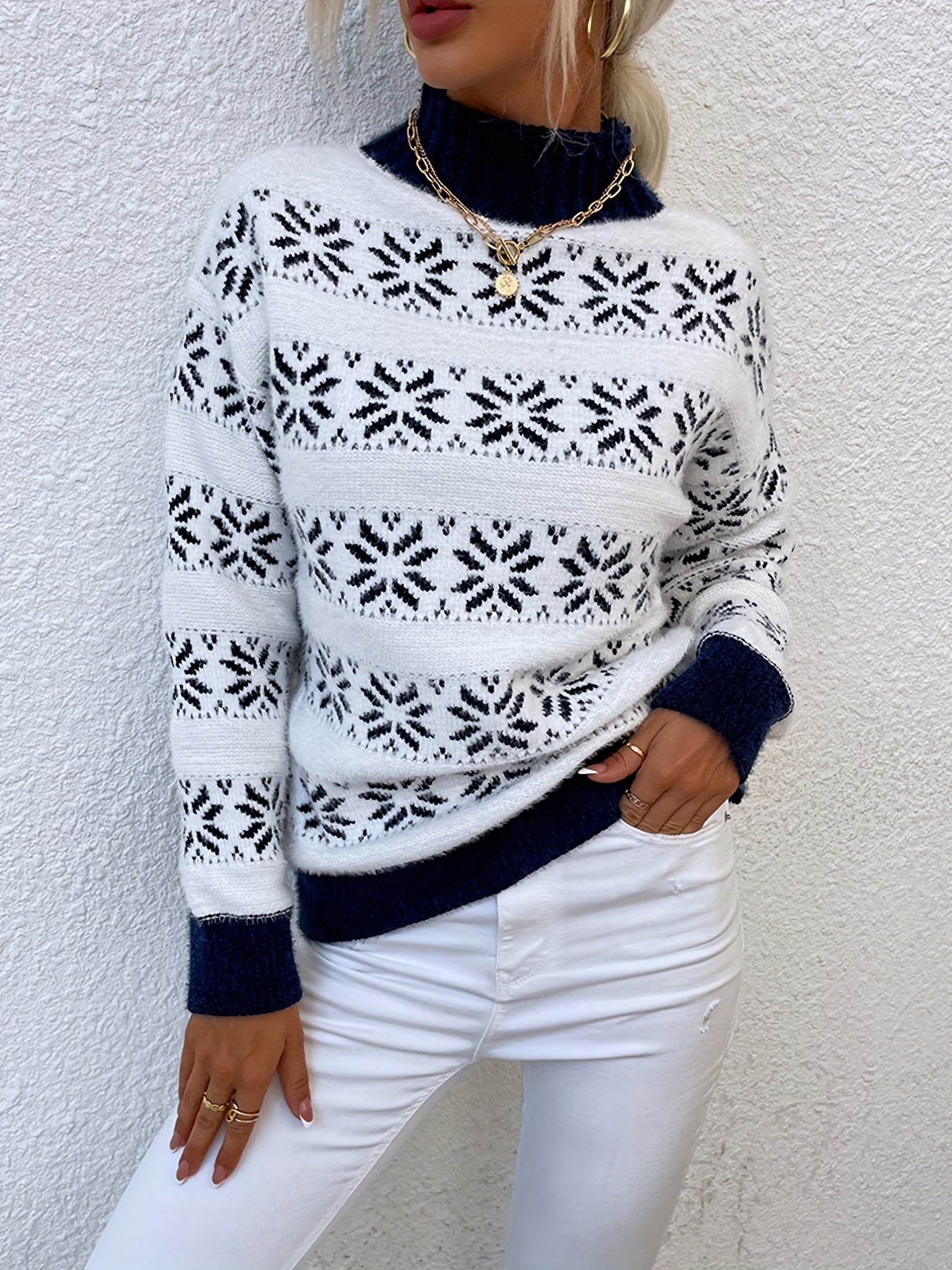 Damen Weihnachten Pullover Mit Norweger Muster | Rollkragen