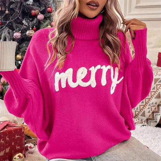 Damen Weihnachten Pullover Mit Schriftzug Merry | Rollkragen