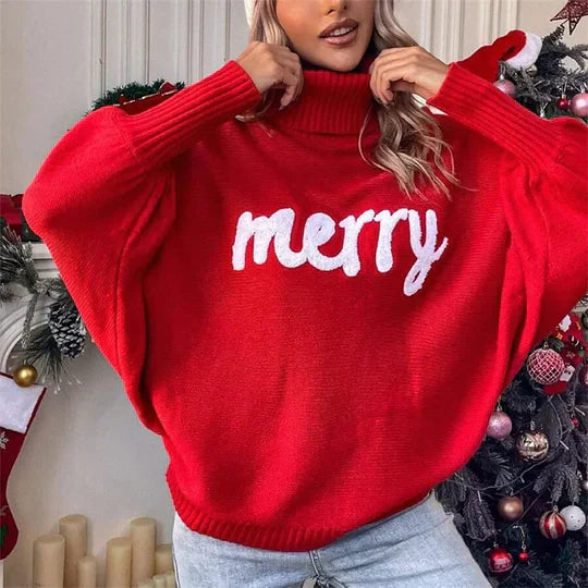 Damen Weihnachten Pullover Mit Schriftzug Merry | Rollkragen