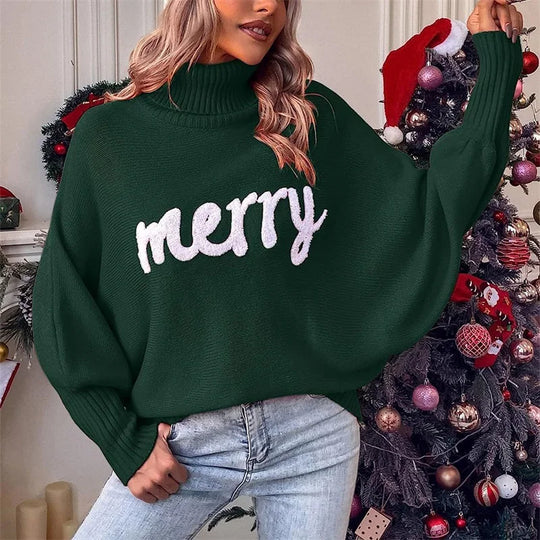 Damen Weihnachten Pullover Mit Schriftzug Merry | Rollkragen