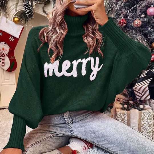 Damen Weihnachten Pullover Mit Schriftzug Merry | Rollkragen