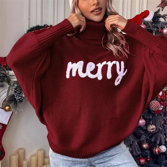 Damen Weihnachten Pullover Mit Schriftzug Merry | Rollkragen