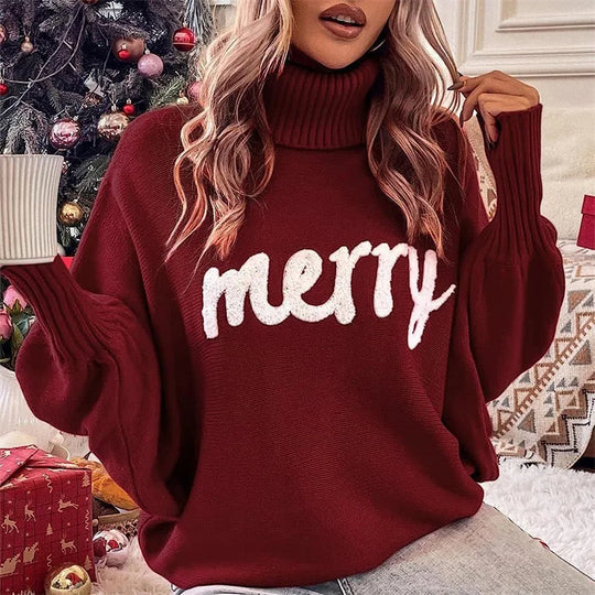 Damen Weihnachten Pullover Mit Schriftzug Merry | Rollkragen
