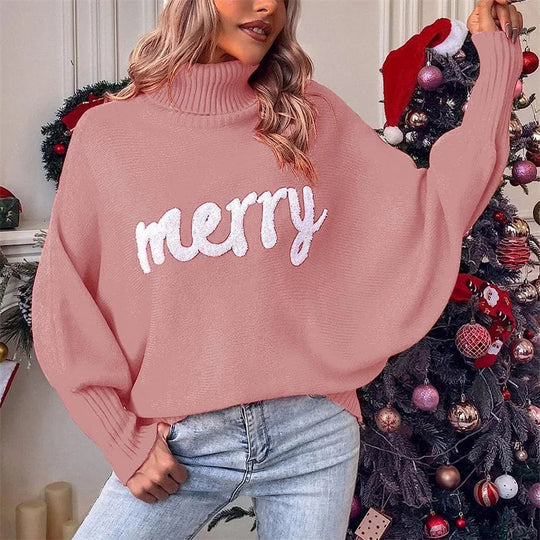 Damen Weihnachten Pullover Mit Schriftzug Merry | Rollkragen