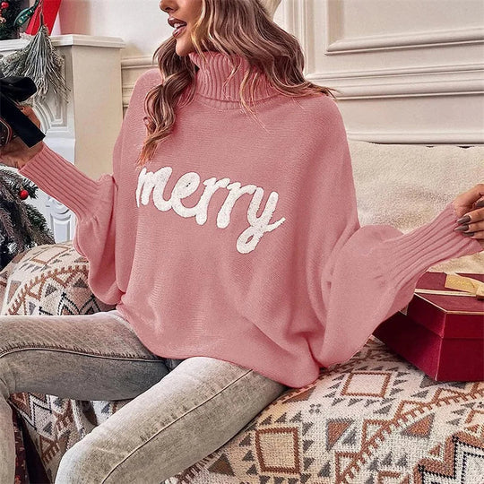 Damen Weihnachten Pullover Mit Schriftzug Merry | Rollkragen
