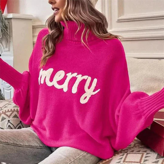 Damen Weihnachten Pullover Mit Schriftzug Merry | Rollkragen