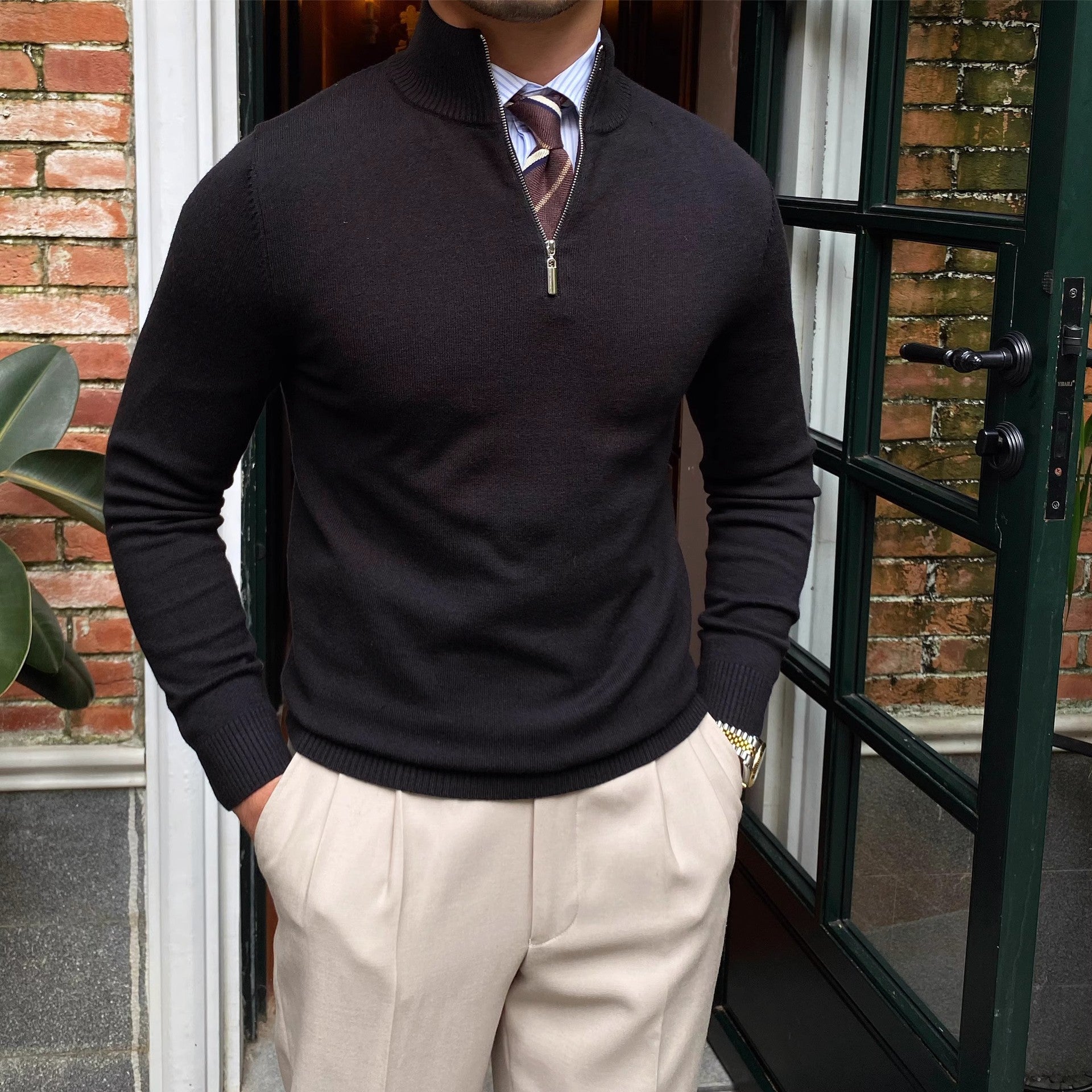 Frederik – Feinstrick Pullover mit Reißverschluss und Stehkragen