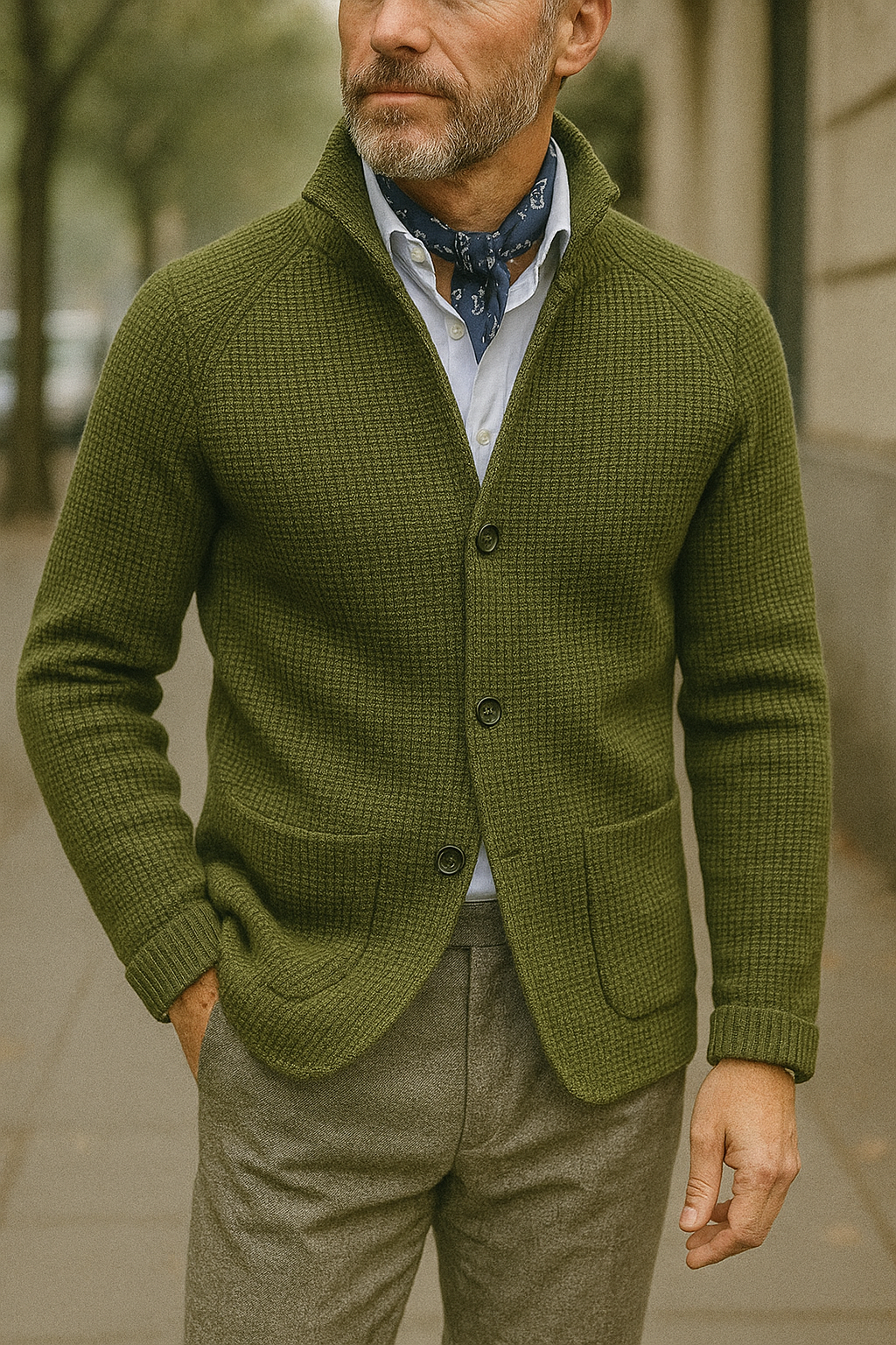 Hannes – Strickjacke mit Stehkragen und Knopfverschluss