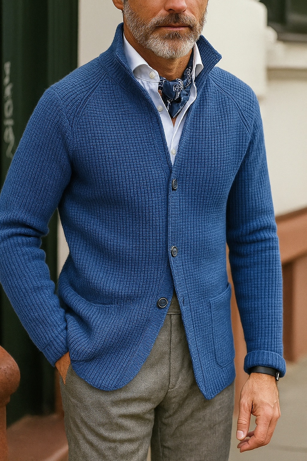 Hannes – Strickjacke mit Stehkragen und Knopfverschluss