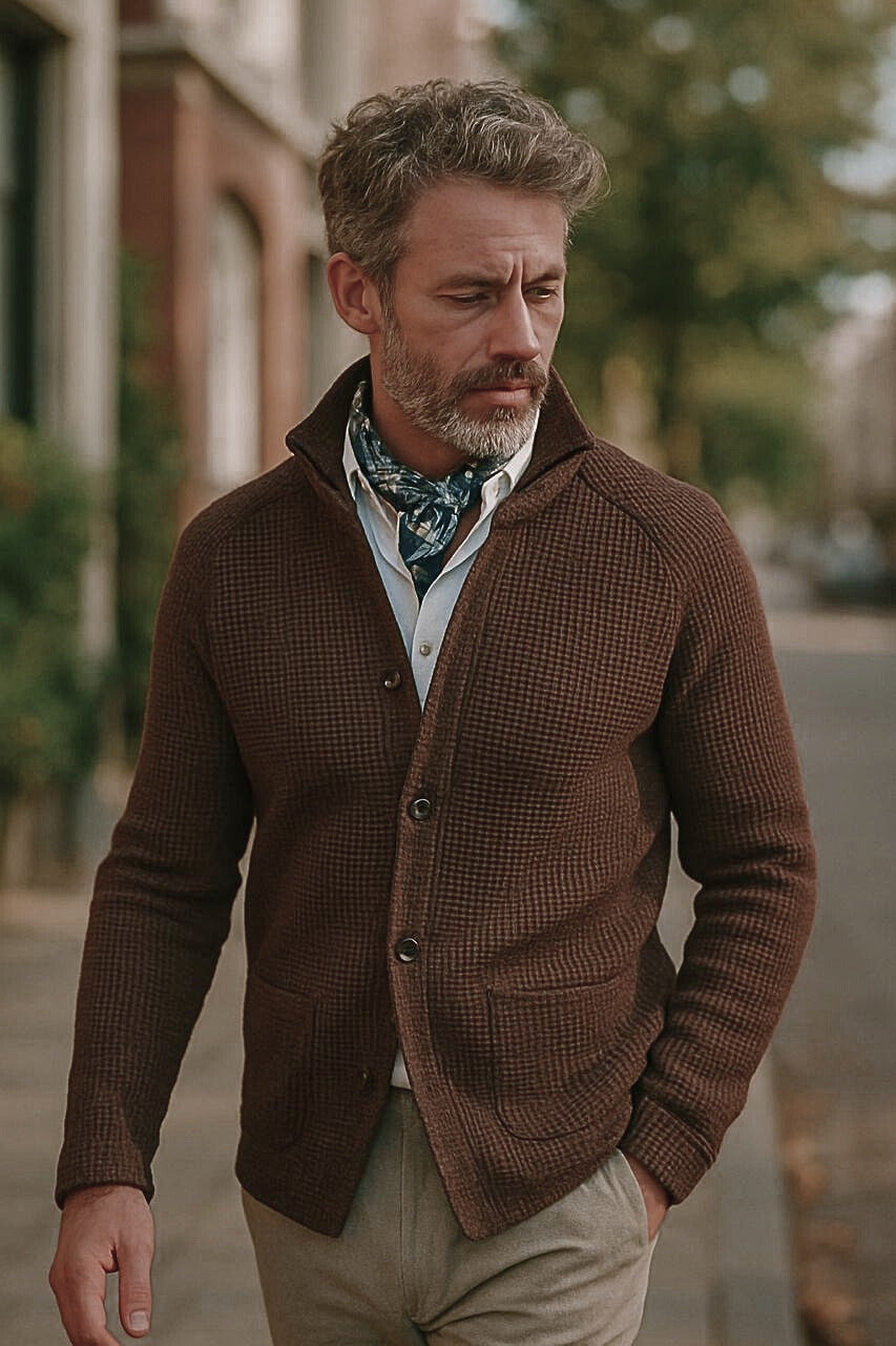 Hannes – Strickjacke mit Stehkragen und Knopfverschluss