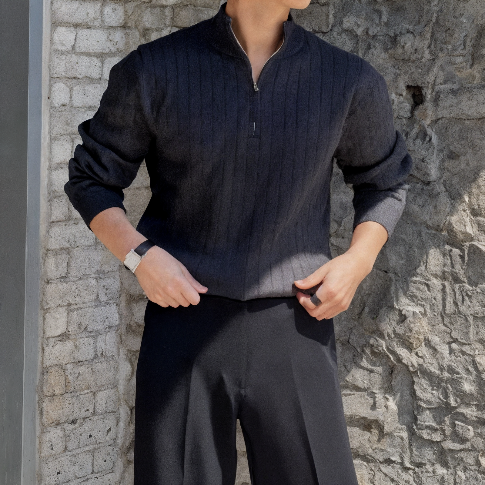 Henley - Pullover mit Stehkragen und Strickmuster – Modern Fit, ideal für Freizeit und Business.