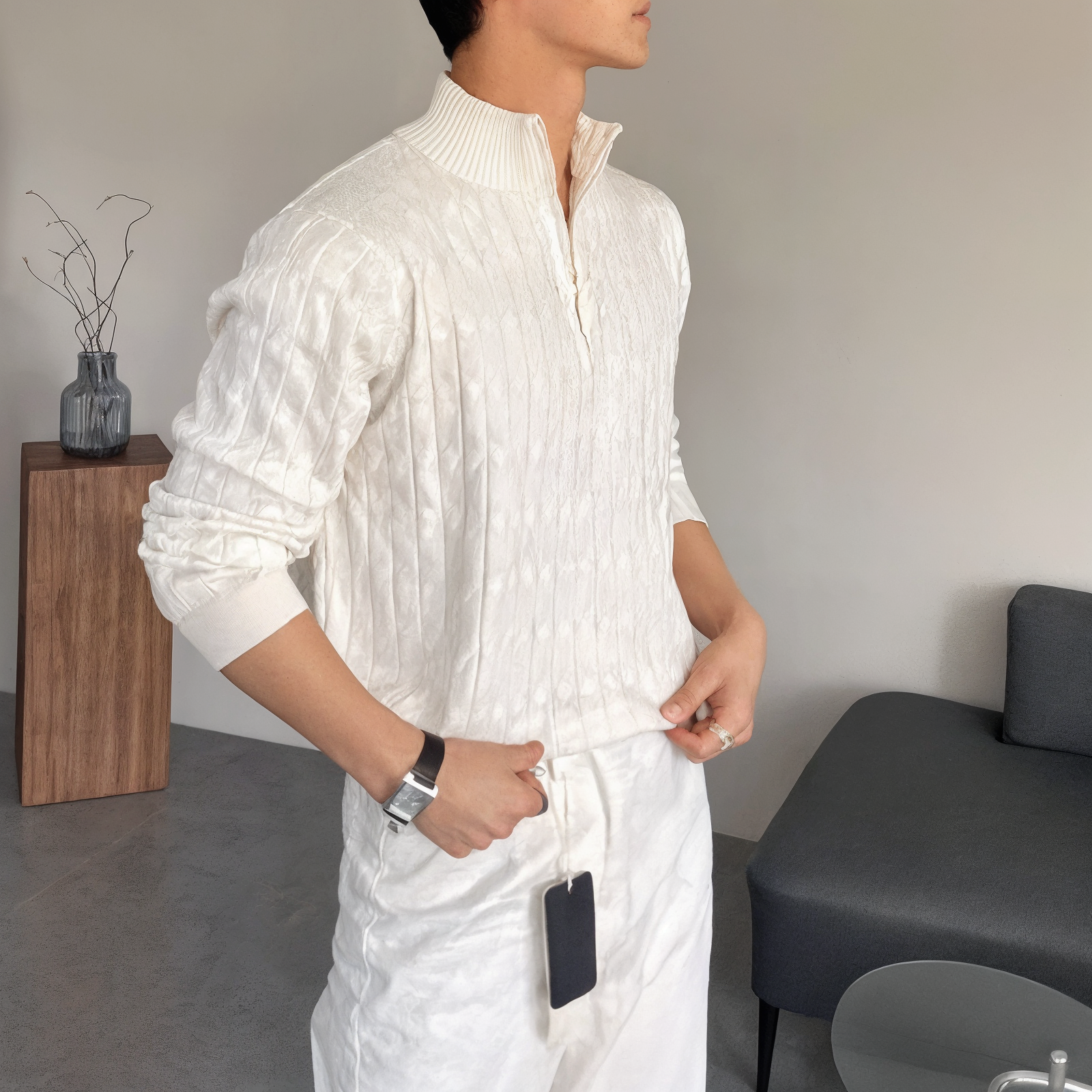 Henley - Pullover mit Stehkragen und Strickmuster – Modern Fit, ideal für Freizeit und Business.