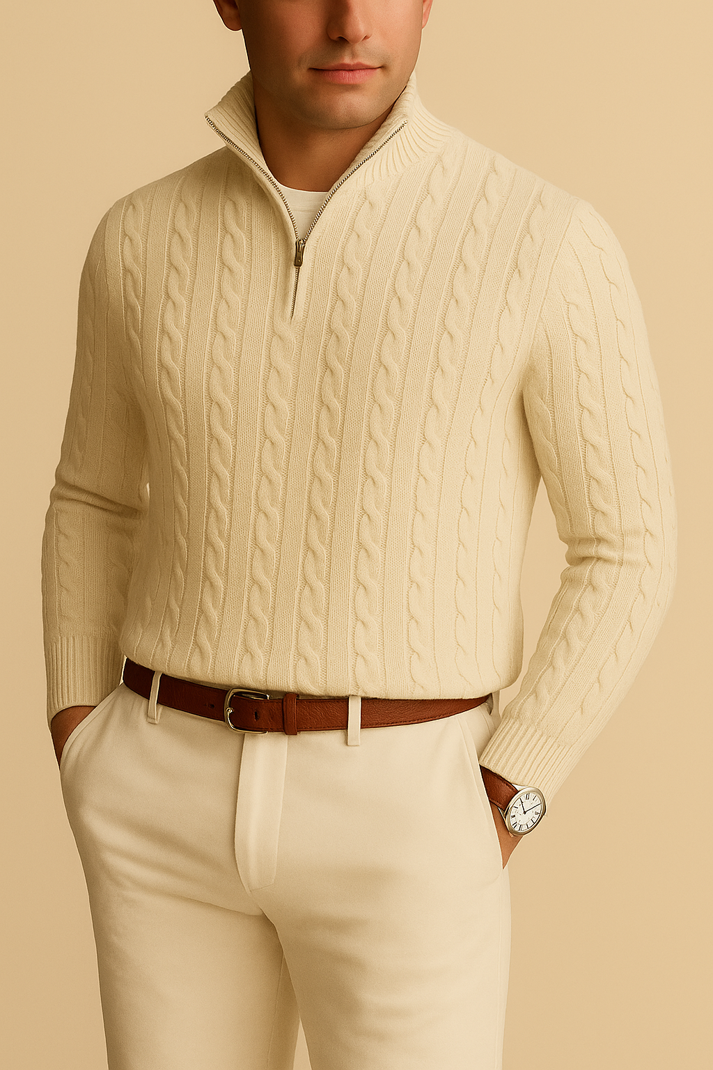Leon - Strickpullover mit Zopfmuster und Reißverschluss, Herren Lässiger Look