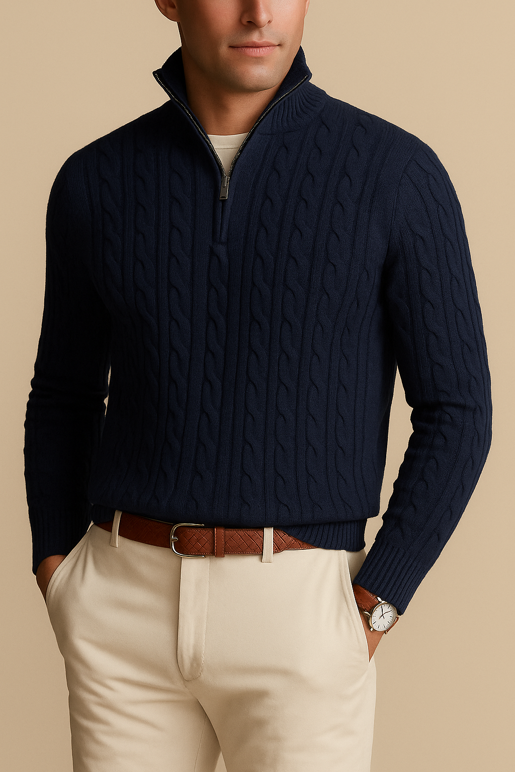 Leon - Strickpullover mit Zopfmuster und Reißverschluss, Herren Lässiger Look