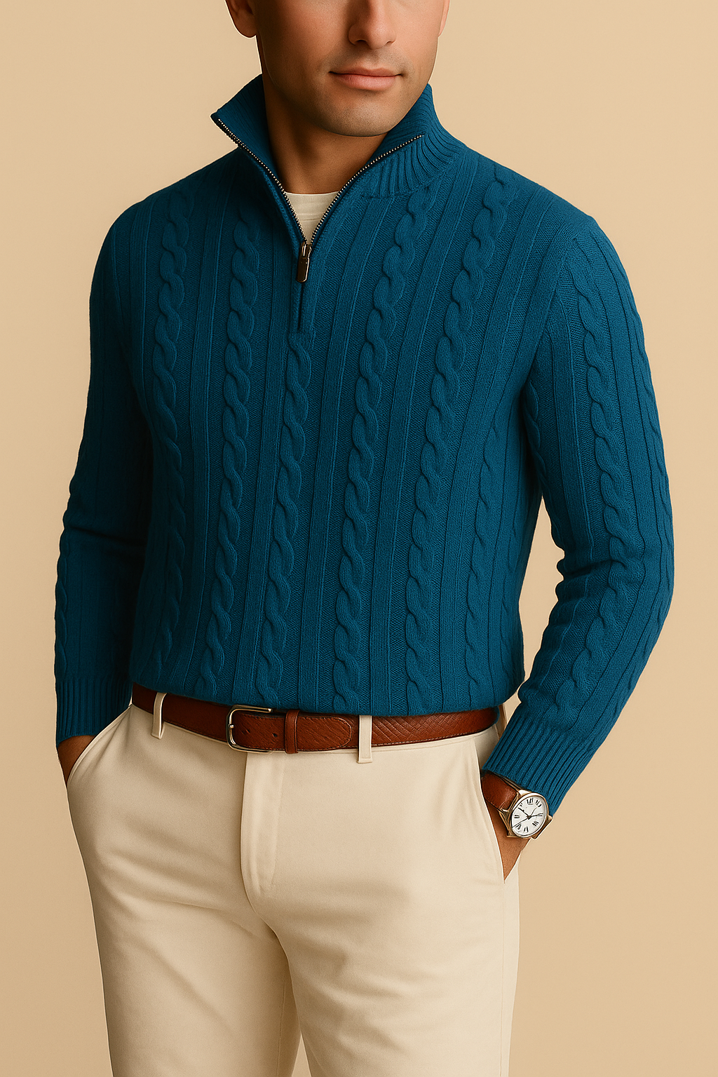 Leon - Strickpullover mit Zopfmuster und Reißverschluss, Herren Lässiger Look