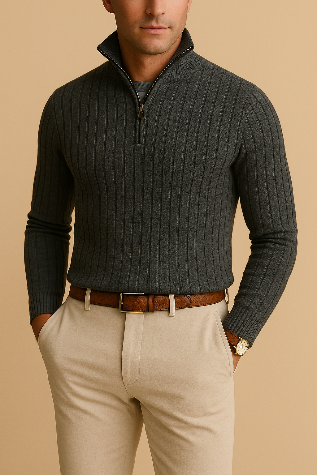 Lukas - Strickpullover mit Reißverschluss und Rippstrickmuster, Herren Lässiger Look