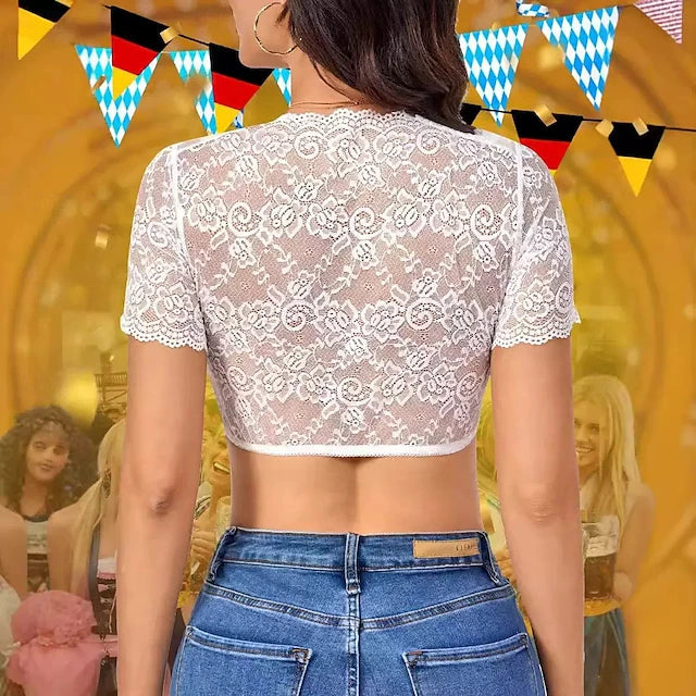 Oktoberfest Dirndlbluse Damen Kurzarm Mit Spitze Und Bindung | Festlich