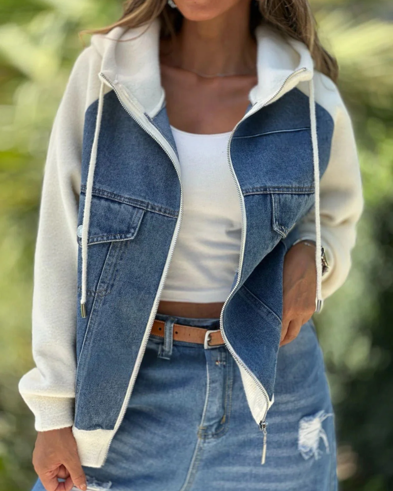 College Übergangsjacke Damen Mit Kapuze Und Denim-Optik | Leicht