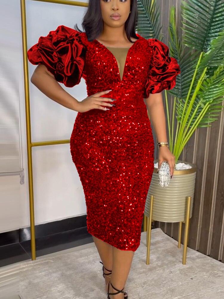 Damen Glitzer Kleid Mit Puffärmeln | Abend