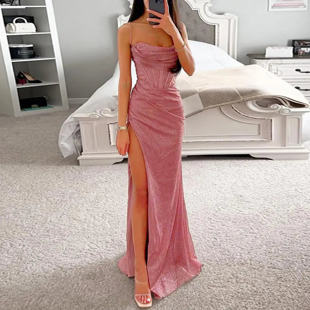 Damen Glitzer Kleid Mit Schlitz Und Spaghettiträger | Abend