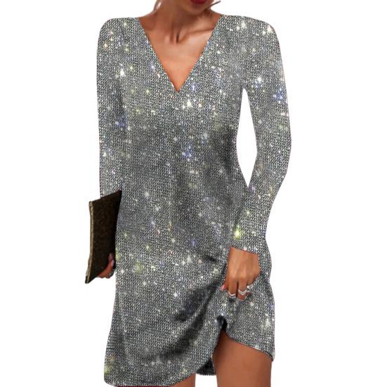 Damen Glitzer Kleid V-Ausschnitt Langarm | Kurz