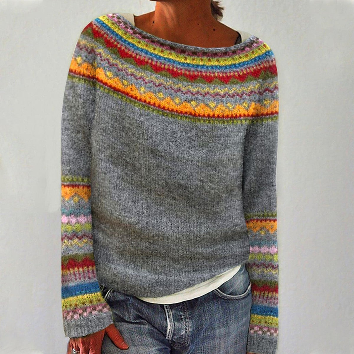 Damen Norweger Pullover Mit Rundhals & Strickmuster | Warm