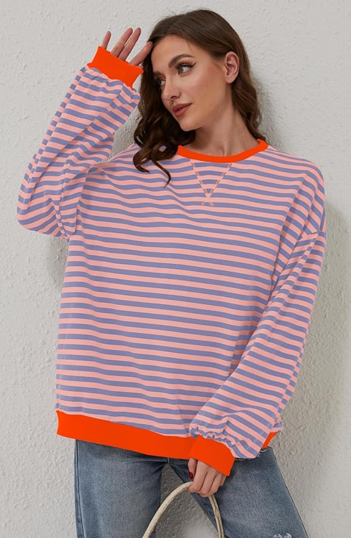 Damen Oversize Pullover Gestreift Mit Rundhalsausschnitt | Langarm
