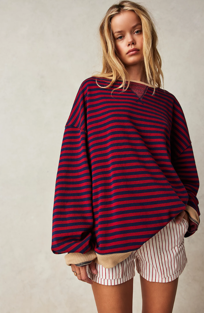 Damen Oversize Pullover Gestreift Mit Rundhalsausschnitt | Langarm