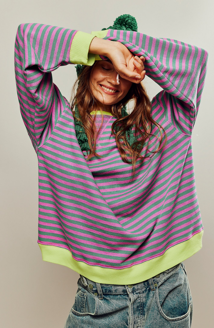 Damen Oversize Pullover Gestreift Mit Rundhalsausschnitt | Langarm