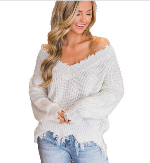 Damen Oversize Pullover Mit V Ausschnitt Und Fransen | Strick