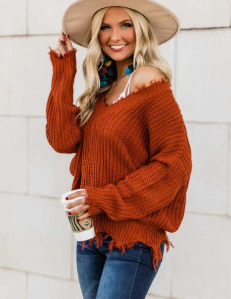 Damen Oversize Pullover Mit V Ausschnitt Und Fransen | Strick