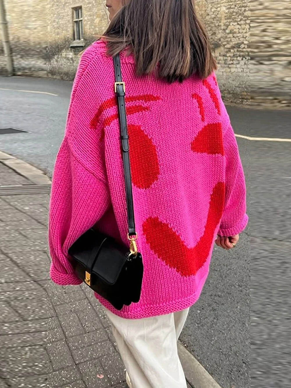 Damen Oversize Strick Pullover Mit Print | Lang