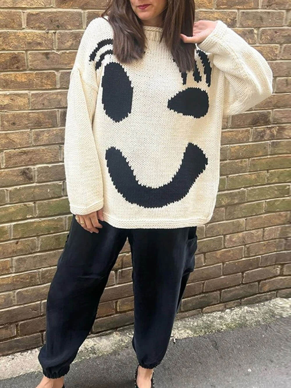 Damen Oversize Strick Pullover Mit Print | Lang