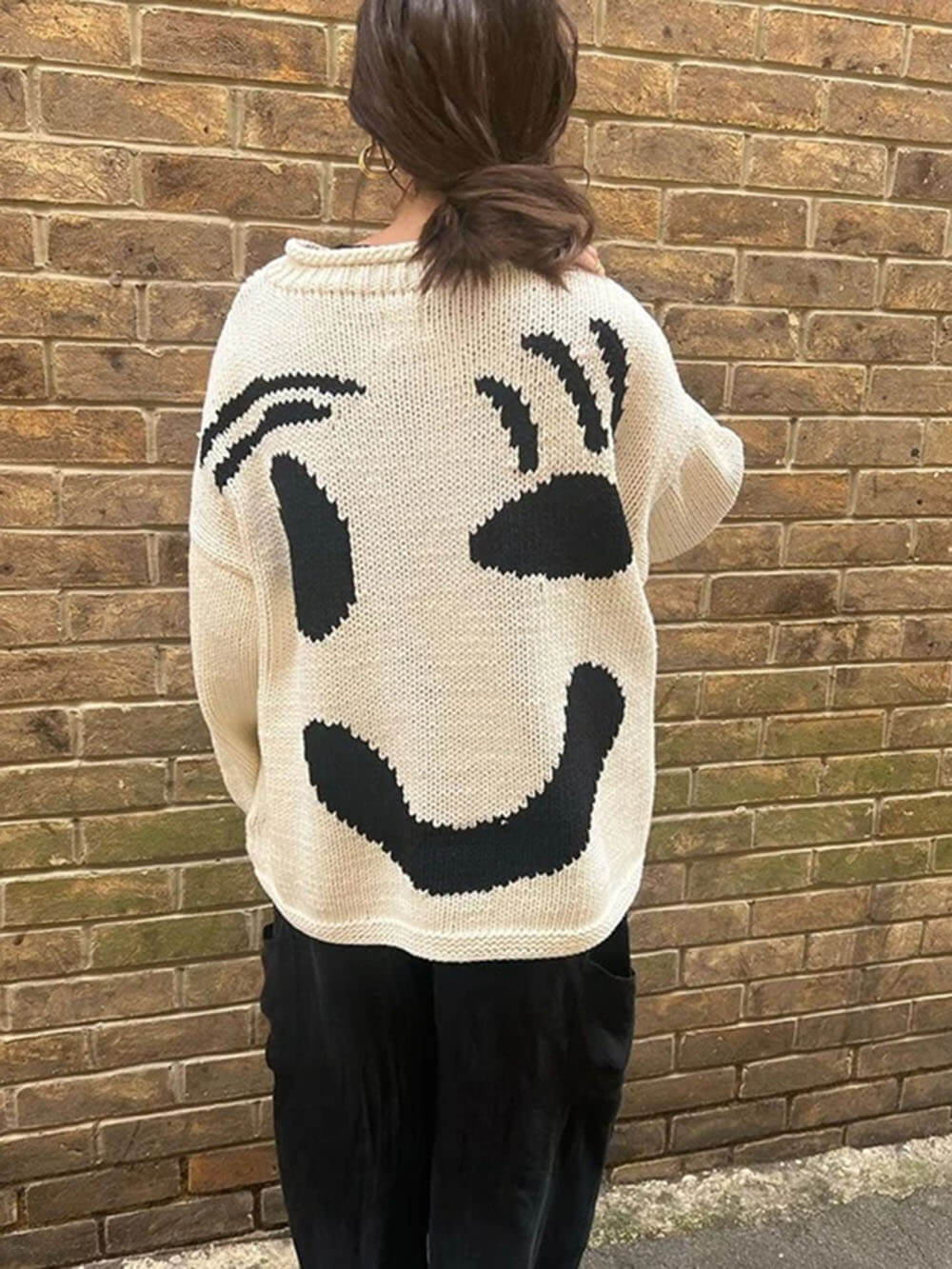Damen Oversize Strick Pullover Mit Print | Lang