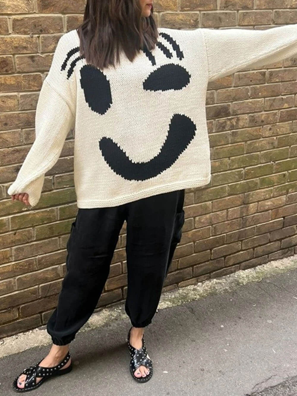 Damen Oversize Strick Pullover Mit Print | Lang