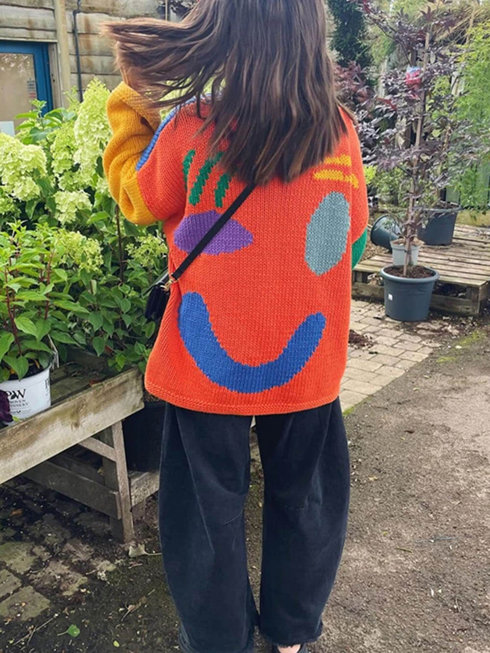 Damen Oversize Strick Pullover Mit Print | Lang