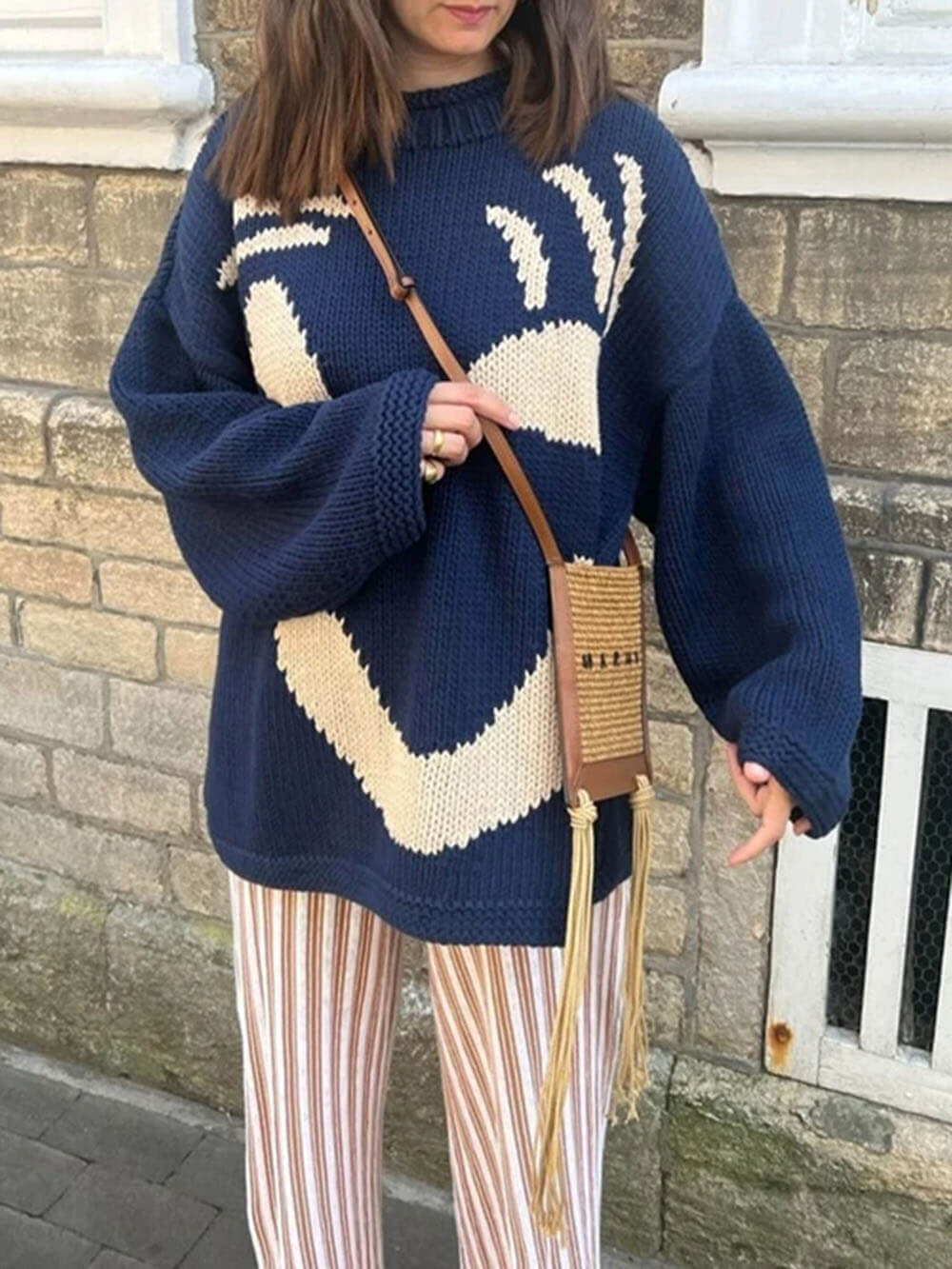 Damen Oversize Strick Pullover Mit Print | Lang